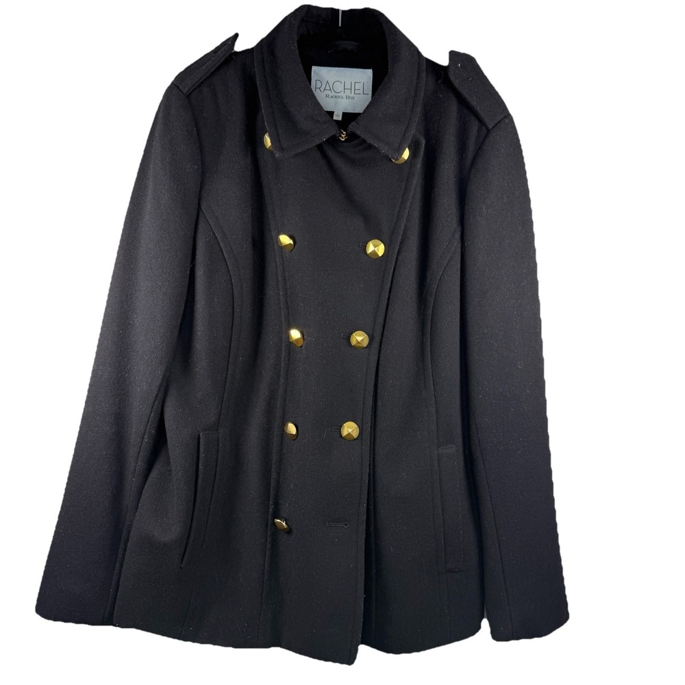 Rachel Roy Women's Peacoat Large Gold Details‎ Zipper Sleeves Warm Black Wool